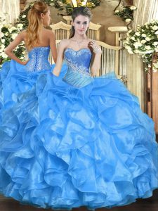 High End Baby Blue Sleeveless Organza Lace Up Quinceanera Dresses for Military Ball and Sweet 16 and Quinceanera