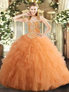 Orange Ball Gowns Sweetheart Sleeveless Tulle Floor Length Lace Up Beading and Ruffles Quince Ball Gowns
