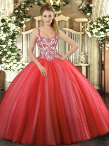 Luxurious Coral Red Sleeveless Beading and Appliques Floor Length Quinceanera Dress