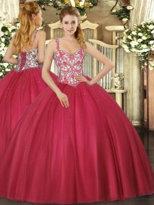 Sexy Straps Sleeveless Tulle Quince Ball Gowns Beading and Appliques Lace Up