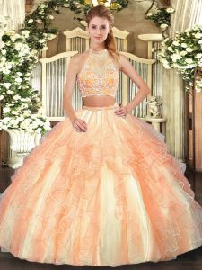 Elegant Gold Two Pieces Tulle Halter Top Sleeveless Beading and Ruffled Layers Floor Length Criss Cross Sweet 16 Dresses
