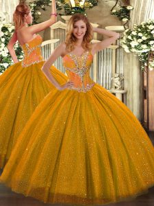 Ball Gowns Sweet 16 Quinceanera Dress Gold Sweetheart Tulle Sleeveless Floor Length Lace Up