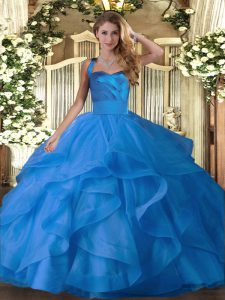Blue Ball Gowns Tulle Halter Top Sleeveless Ruffles Floor Length Lace Up Sweet 16 Quinceanera Dress