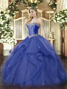 Designer Blue Ball Gowns Beading and Ruffles Vestidos de Quinceanera Lace Up Tulle Sleeveless Floor Length