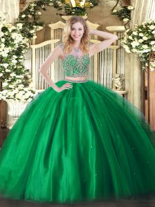 Two Pieces Quinceanera Gown Green Scoop Tulle Sleeveless Floor Length Lace Up