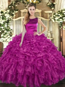 Discount Floor Length Fuchsia Ball Gown Prom Dress Scoop Sleeveless Lace Up