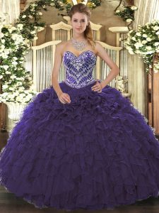 Sleeveless Tulle Floor Length Lace Up Ball Gown Prom Dress in Purple with Beading and Ruffled Layers