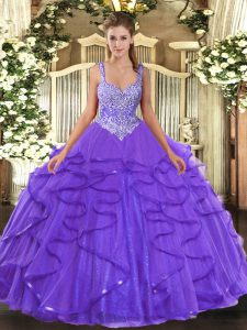 Fashionable Lavender Ball Gowns Straps Sleeveless Tulle Floor Length Lace Up Beading and Ruffles Quinceanera Dresses
