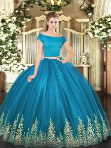 Amazing Tulle Short Sleeves Floor Length Ball Gown Prom Dress and Appliques