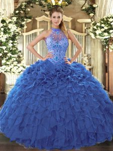 Best Selling Floor Length Blue Vestidos de Quinceanera Organza Sleeveless Beading and Embroidery and Ruffles