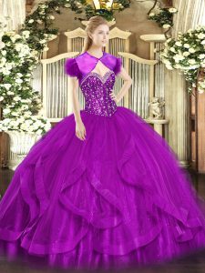 Unique Beading and Ruffles 15 Quinceanera Dress Fuchsia Lace Up Sleeveless Floor Length