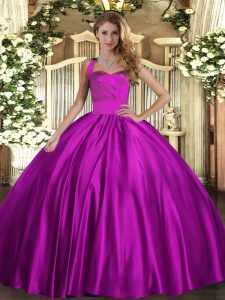 Fuchsia Ball Gowns Halter Top Sleeveless Satin Floor Length Lace Up Ruching Quince Ball Gowns