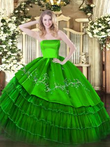 Green Sleeveless Floor Length Embroidery and Ruffled Layers Zipper Ball Gown Prom Dress