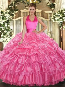Superior Rose Pink Halter Top Neckline Ruffled Layers and Pick Ups Vestidos de Quinceanera Sleeveless Lace Up