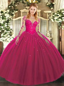 Noble Hot Pink 15 Quinceanera Dress Military Ball and Sweet 16 and Quinceanera with Lace Scoop Long Sleeves Lace Up