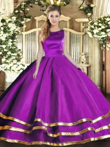 Dynamic Eggplant Purple Lace Up Scoop Ruffled Layers Quinceanera Gown Tulle Sleeveless