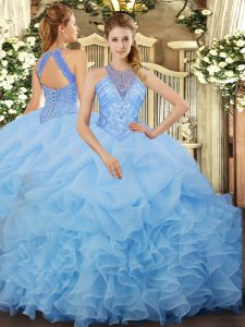 Edgy Aqua Blue Lace Up Quince Ball Gowns Beading and Ruffles and Pick Ups Sleeveless Floor Length