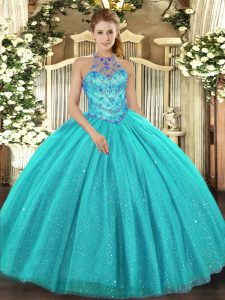 Shining Aqua Blue Tulle Lace Up Ball Gown Prom Dress Sleeveless Floor Length Beading and Embroidery