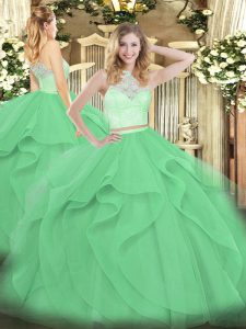 Apple Green Scoop Neckline Lace and Ruffles Sweet 16 Dresses Sleeveless Zipper