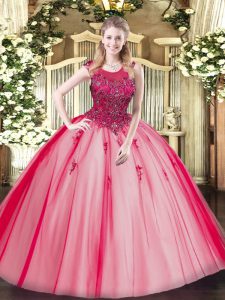 Red 15 Quinceanera Dress Military Ball and Sweet 16 and Quinceanera with Beading Scoop Sleeveless Zipper