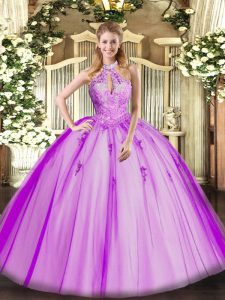 Best Fuchsia Halter Top Lace Up Lace and Appliques Quinceanera Gowns Sleeveless