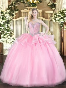 Colorful Pink Ball Gowns Sweetheart Sleeveless Organza Floor Length Lace Up Beading Quinceanera Dress