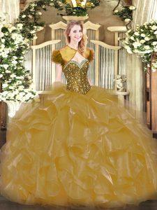 Superior Gold Ball Gowns Organza Sweetheart Sleeveless Beading and Ruffles Floor Length Lace Up Quince Ball Gowns