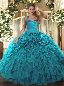 Teal Organza Lace Up Quince Ball Gowns Sleeveless Floor Length Ruffles