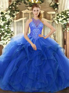 Modern Blue Lace Up High-neck Beading and Ruffles Ball Gown Prom Dress Organza Sleeveless
