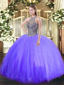Lavender Lace Up Halter Top Beading Quinceanera Dresses Tulle Sleeveless