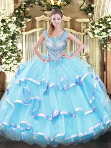 Great Aqua Blue Ball Gowns Organza Scoop Sleeveless Beading and Ruffled Layers Floor Length Lace Up Sweet 16 Quinceanera Dress