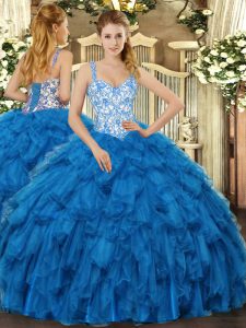Artistic Blue Ball Gowns Organza Straps Sleeveless Beading and Ruffles Floor Length Lace Up Quinceanera Gowns
