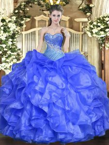 Spectacular Floor Length Lace Up Ball Gown Prom Dress Blue for Military Ball and Sweet 16 and Quinceanera with Beading and Ruffles