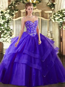 Comfortable Purple Lace Up Sweetheart Embroidery and Ruffled Layers Quinceanera Gown Tulle Sleeveless