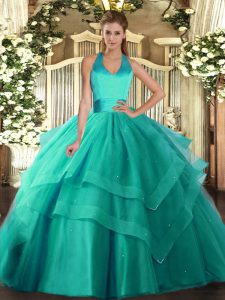 Turquoise Halter Top Lace Up Ruffled Layers Sweet 16 Quinceanera Dress Sleeveless