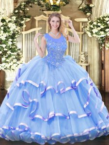 Glittering Baby Blue Sleeveless Floor Length Beading and Ruffled Layers Zipper Quinceanera Gowns