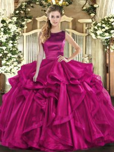 Exceptional Ball Gowns Vestidos de Quinceanera Fuchsia Scoop Organza Sleeveless Floor Length Lace Up