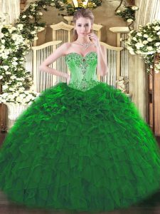 Great Sleeveless Floor Length Beading and Ruffles Lace Up 15th Birthday Dress with Dark Green