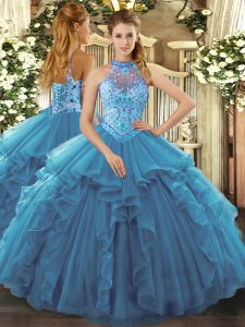 Teal Organza Lace Up Halter Top Sleeveless Floor Length Ball Gown Prom Dress Beading and Ruffles