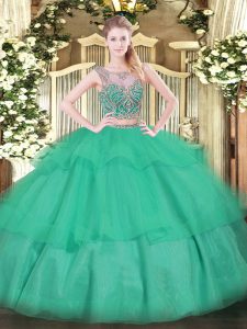 Luxury Turquoise Two Pieces Tulle Scoop Sleeveless Beading and Ruffled Layers Floor Length Lace Up 15 Quinceanera Dress
