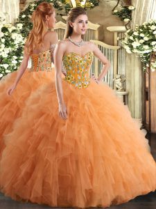 Sweetheart Sleeveless Tulle Ball Gown Prom Dress Embroidery and Ruffles Lace Up