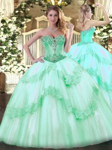 Vintage Apple Green Ball Gowns Sweetheart Sleeveless Tulle Floor Length Lace Up Beading and Appliques Ball Gown Prom Dress