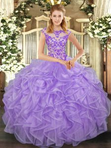 Scoop Cap Sleeves Lace Up Quinceanera Gown Lavender Organza