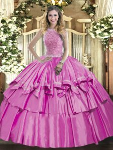 Lilac Ball Gowns High-neck Sleeveless Organza and Taffeta Floor Length Lace Up Beading and Ruffled Layers Quinceanera Dress