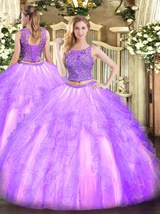 Lavender Scoop Neckline Beading and Ruffles Ball Gown Prom Dress Sleeveless Lace Up