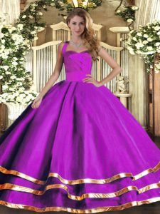 On Sale Floor Length Purple Quinceanera Gowns Tulle Sleeveless Ruffled Layers