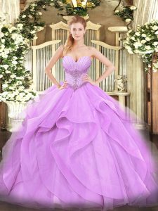 Glamorous Tulle Sweetheart Sleeveless Lace Up Beading and Ruffles 15th Birthday Dress in Lavender