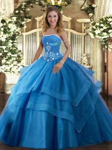 Cheap Baby Blue Sleeveless Tulle Lace Up Quinceanera Gowns for Military Ball and Sweet 16 and Quinceanera