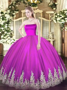 Fuchsia Zipper Ball Gown Prom Dress Appliques Sleeveless Floor Length