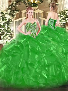 Cheap Green Sleeveless Beading and Ruffles Floor Length Sweet 16 Dress